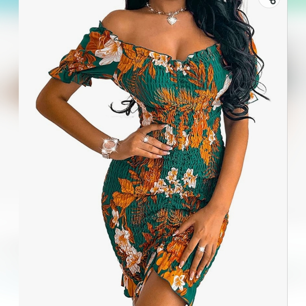 NWT PRETTYGARDEN Women's Off Shoulder Dress Short Sleeve Drawstring size medium